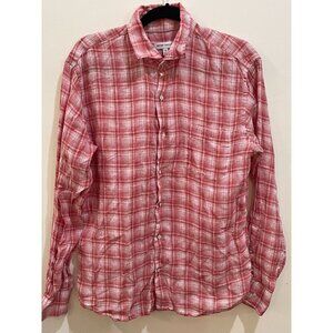 Peter Millar Men's M Red Plaid 100% Linen Long Sleeve Snap Button-Up Shirt